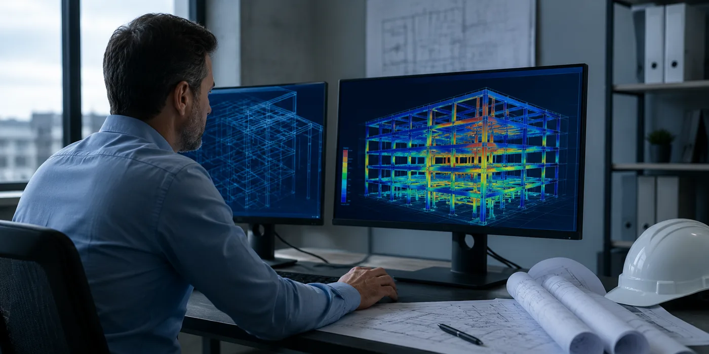 Structural engineer reviewing a 3D analysis model on screen