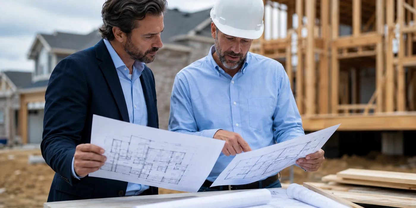 An architect and a structural engineer reviewing plans on a residential site
