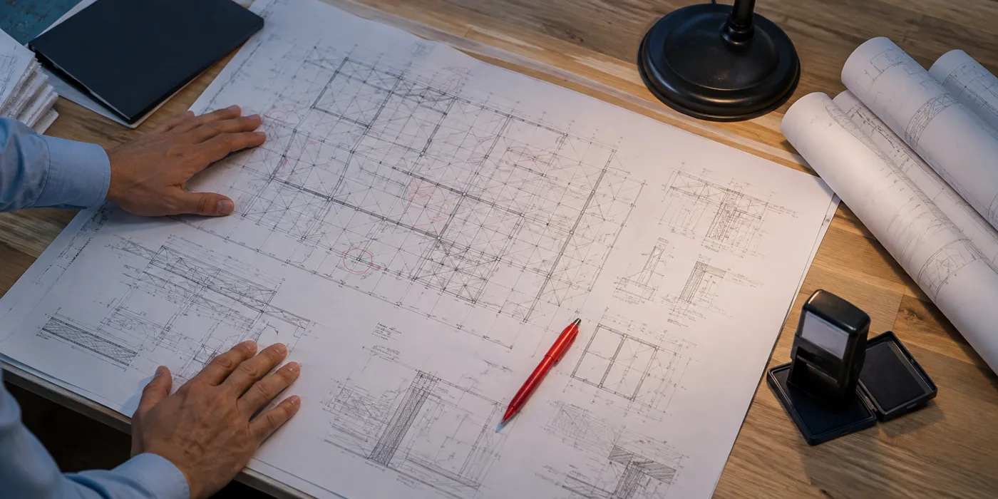 Structural drawings marked up in red during a quality-control review