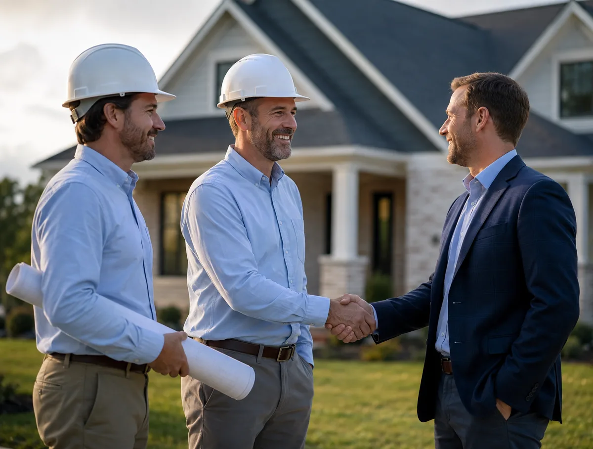 ISC engineers shaking hands with a client in front of a completed home